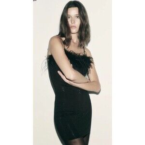 ZARA Black Feathers And Rhinestones Mini Dress Sz Small Bodycon Silhouette